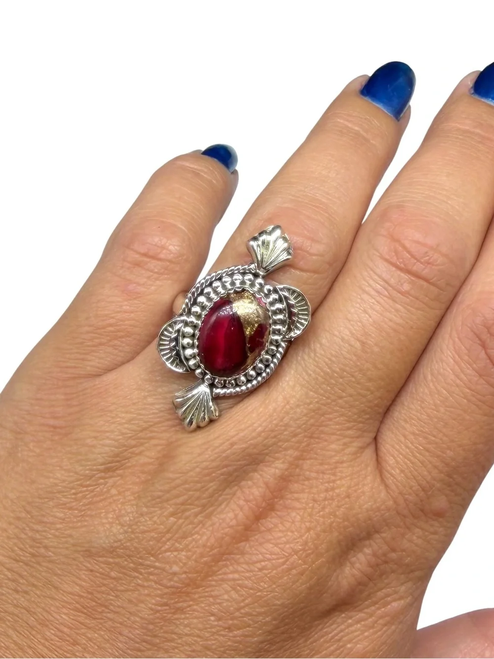 Red Rose Dahlia Kingman Turquoise Ring 925 Sterling Silver Adjustable Size 7 - 9